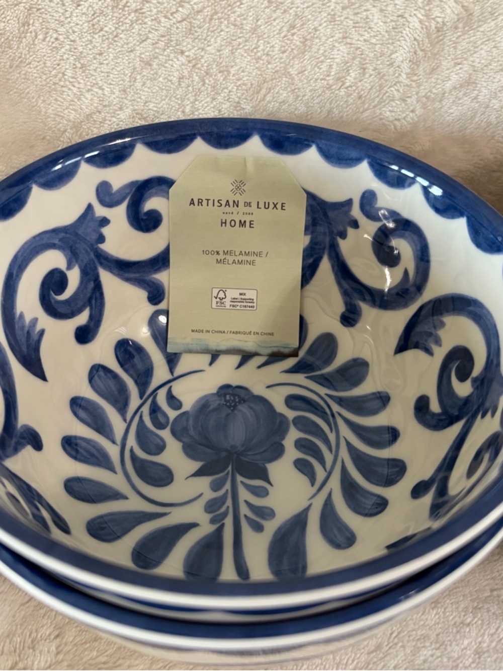 NWT Artisan de Luxe Home Blue Rose Scroll Melamine Bowls Set of 4 - Picture 2 of 7